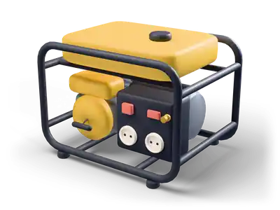 Portable generator with a yellow fuel tank on a dark tubular frame, a finned engine and two sockets