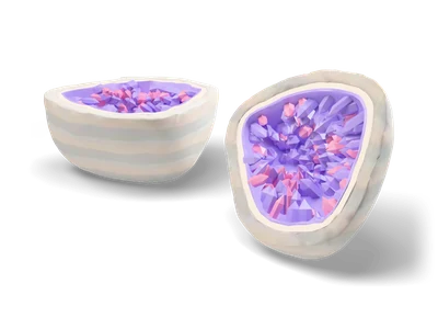 Two halves of a grey geode with a white agate rim and purple and pink crystals inside