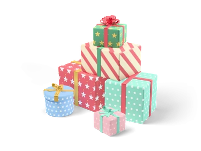 Pile of six colorful wrapped Christmas presents with stars, dots, stripes, ribbons and bows