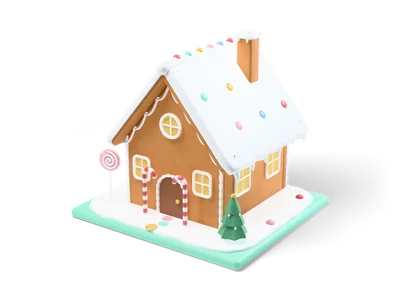 Brown gingerbread house with white icing roof, colorful candies and candy canes on a mint green board