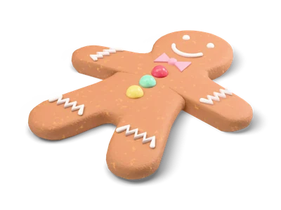 Gingerbread man cookie with white icing face and zigzags, colorful gumdrop buttons and a pink bow tie