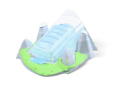 Light blue glacier tongue with crevasses flowing between grey snowy ridges into a small blue lake