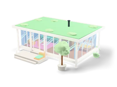 Flat-roofed glass pavilion with white steel columns, green roof and visible cozy interior with fireplace, mint sofa and bed