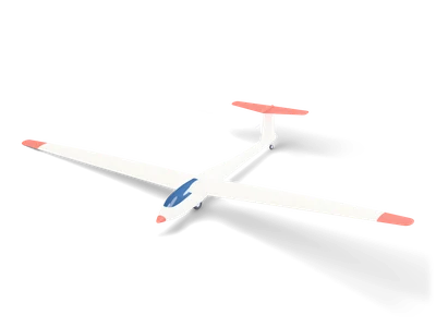 Weißes einsitziges Segelflugzeug mit langen Flügeln, korallenroten Spitzen, T-Leitwerk und dunkelblauer Haube