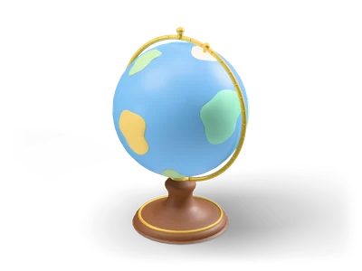 Light blue desk globe with pastel green and yellow continents in a gold ring on a brown wooden foot