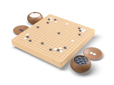 Tablero de go de madera clara con cuadrícula negra, piedras blancas y negras en las esquinas y dos cuencos de madera llenos