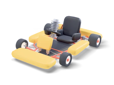 Gokart mit gepolsterten buttergelben Stoßfängern, korallenrotem Rohrrahmen, schwarzem Sitz und silbernem Motor