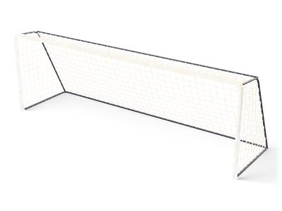 White soccer goal with rounded posts and a cream net stretched over dark supports
