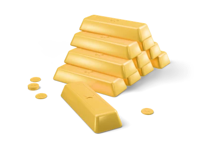 Pirámide de lingotes de oro brillantes con estrellas, un lingote suelto y monedas pequeñas delante