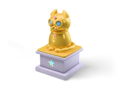 Ídolo dorado con forma de gato y ojos de gema azul sobre pedestal gris lila con estrella cian luminosa
