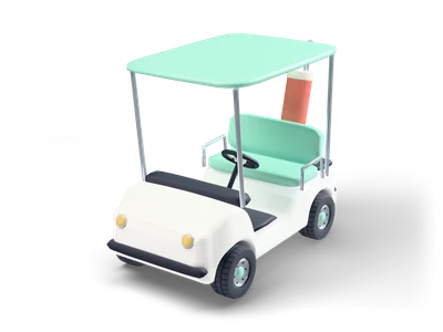 White golf cart with mint canopy on chrome posts, mint bench seat and a coral golf bag with pastel club covers
