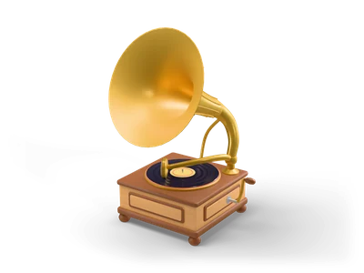 Horn gramophone with golden brass horn on a honey wood cabinet with turned feet, dark record and crank on the side
