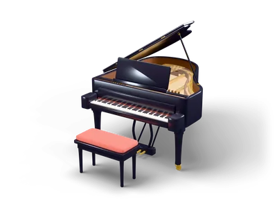 Black grand piano with open lid showing gold frame and strings, brass pedals and a bench with coral cushion