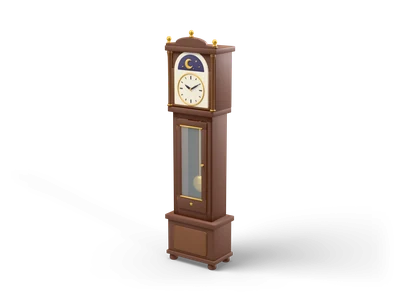 Reloj de pie alto de madera oscura con esfera marfil, arco lunar azul noche con media luna y pináculos dorados