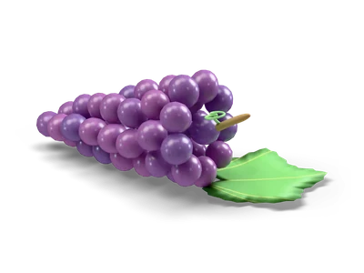 Stylized bunch of purple grapes lying on a green vine leaf with a woody stem and a curly tendril