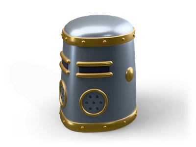 Stylized steel great helm with a flat lid, dark eye slits with brass lips, dotted breathing rosettes in brass rings and riveted brass bands