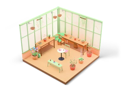 Isometric greenhouse interior with glass walls and green bars, potting benches with seed trays, potted tomato and hanging baskets