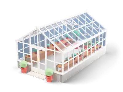 White-framed glass greenhouse with gable roof, open roof vent and potting benches full of plants inside