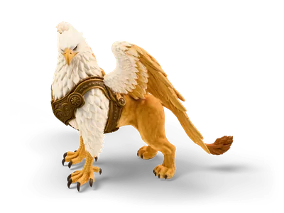 Griffin with white eagle head, raised golden wings, lion body and bronze breastplate, standing on all fours