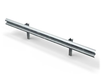 Galvanized double-wave steel guard rail section on posts with spacer blocks