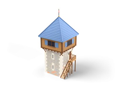 Quadratischer steinerner Wachturm mit hölzerner Wachstube, blauem Pyramidendach, Wimpel und Außentreppe