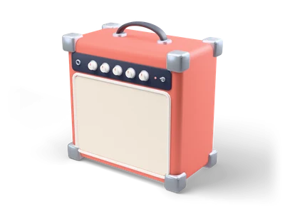 Coral guitar practice amplifier with cream grille cloth, dark panel with five cream knobs, top handle and silver corners