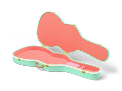 Open mint guitar case with cream trim, coral plush lining, brass latches and a leather handle