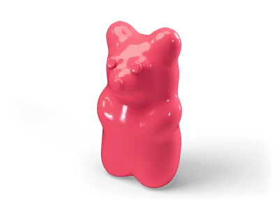Glossy cherry red gummy bear standing upright with round ears and a small snout