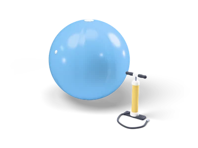 Large sky blue gym ball on the floor next to a yellow hand pump with a dark hose