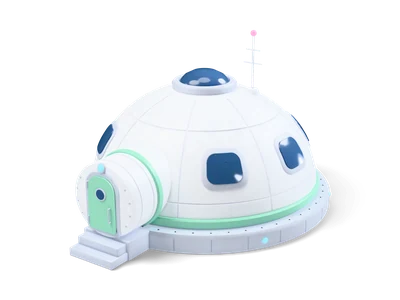 White segmented habitat dome with dark blue round windows, mint airlock entrance with steps and roof antenna