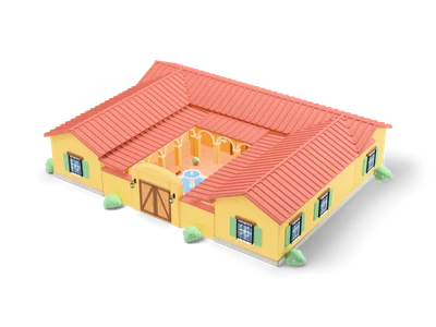 Ochre U-shaped hacienda with red barrel tile roofs, arched courtyard arcades, fountain and wooden double gate