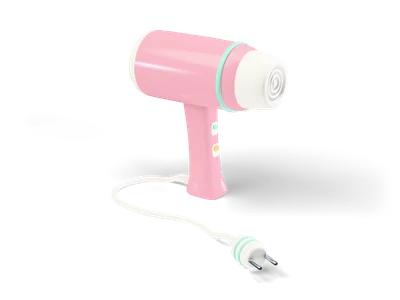 Pink hair dryer with a white nozzle standing on its handle with a white cable and plug on the floor