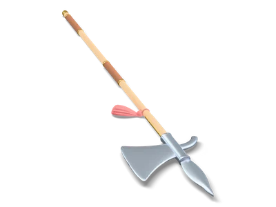 Stylized halberd lying flat with a long light ash shaft, two leather grips, broad steel axe blade, leaf-shaped point and a small red tassel