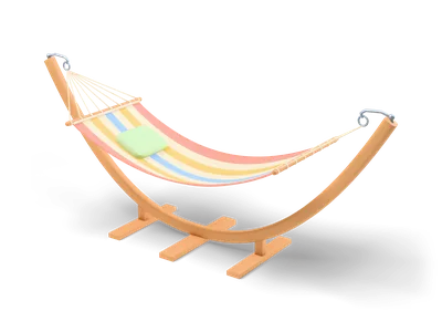 Striped coral, cream, mustard and sky blue hammock with spreader bars on a curved wooden arc stand
