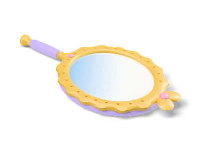 Oval hand mirror with an ornate gold frame, a heart crest with a pink gem and a lavender handle