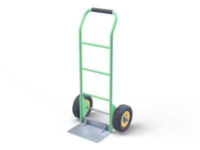 Green hand truck with a steel nose plate and two black tires on yellow rims standing upright