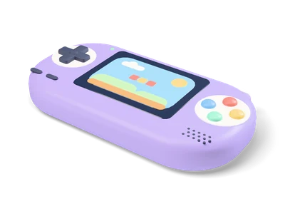 Lavender handheld console with a pastel platformer scene on screen, dark d-pad and four colored round buttons