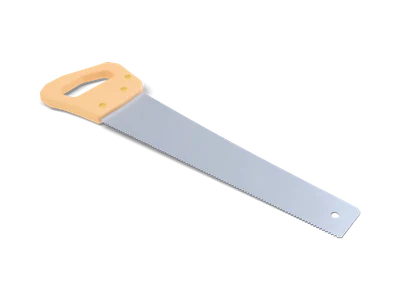 Stylized handsaw with a long steel blade, fine teeth, a hang hole and a light wooden handle with brass screws