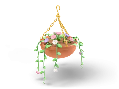 Terracotta hanging basket on three brass chains with pink, lilac and white petunias and green trailing stems