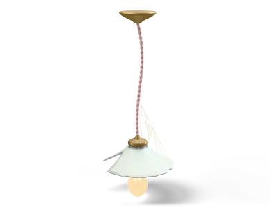 Glowing yellow light bulb under a broken pale green lampshade hanging on a twisted pink cord from a gold ceiling cap