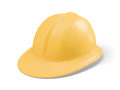 Yellow construction hard hat with front peak, center ridge and dark headband with ratchet visible inside