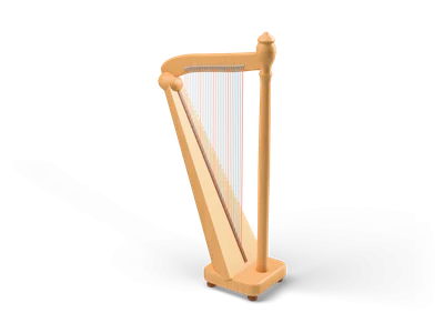 Light wood Celtic floor harp with turned column, curved neck and pale strings with coral and blue accents