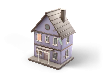 Leaning lavender dollhouse with a dark roof, a boarded window and one warmly lit upper window