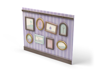Lavender striped wall with eight old picture frames of different shapes showing faded landscapes