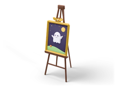 Gold-framed painting of a waving white ghost under a full moon, standing on a dark wooden easel