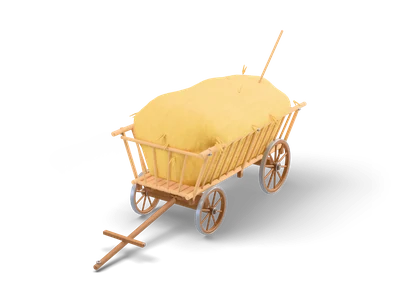 Wooden four-wheeled ladder wagon loaded with a mound of golden hay, pitchfork on top and drawbar on the ground