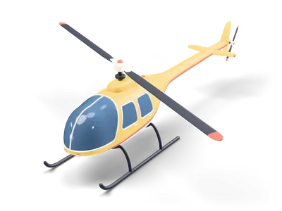 Butter-yellow light helicopter with navy bubble canopy, black landing skids and dark rotor blades with coral tips