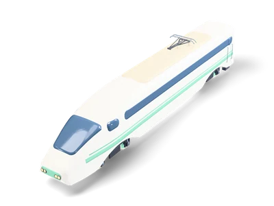 Cabeza motriz blanca de tren de alta velocidad con morro largo redondeado, banda oscura y franjas verde menta