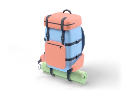 Light blue trekking backpack with a coral top pocket, black straps and a green rolled sleeping pad underneath