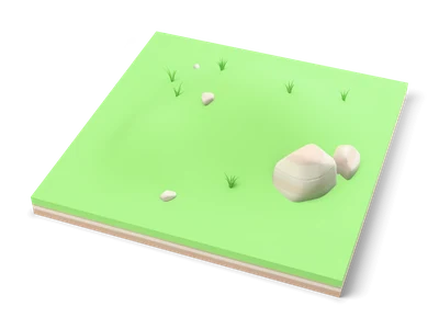 Square grass terrain tile with a soft green hill, two light rocks and layered brown sides